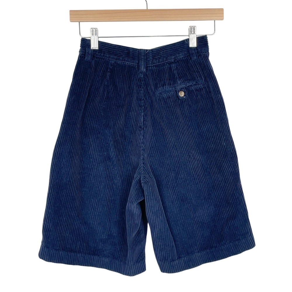 Vintage Navy Blue Corduroy High Waisted Pleated Shorts Womens 4 Academia Preppy - Picture 3 of 9